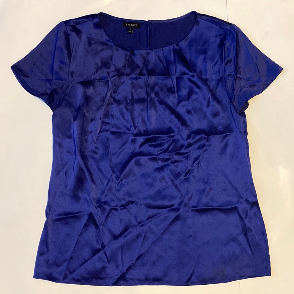 TALBOTS 100% Silk Top Blue Size 2 Short Sleeve